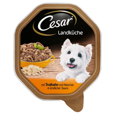Cesar Landküche -koiran märkäruoka. Teksti: mit Truthahn und Naturreis in köstlicher Sauce. Kuvassa koira, riisiä ja lihapaloja kulhossa.