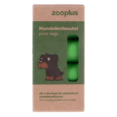 zooplus Hundekotbeutel poop bags, 60 x biodegradable poop bags. Кутия с прозорец, показващ зелени торбички. Текстът е на английски и немски език.