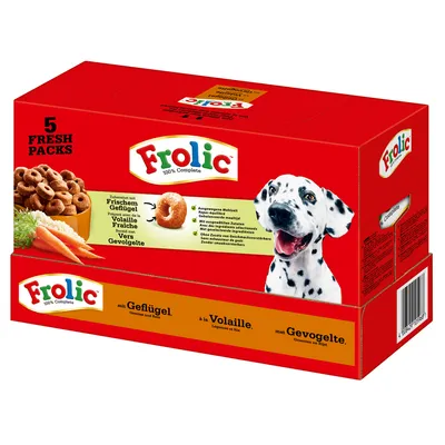 Frolic корм для собак с птицей, 5 Fresh Packs, приготовлен с свежей птицей, без добавления сахара и искусственных усилителей вкуса.