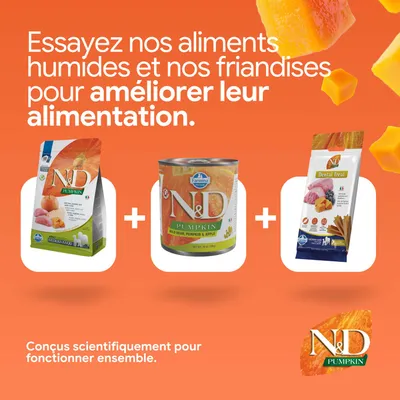 N&D Pumpkin croquettes, aliments humides et friandises dental côte à côte. Développé scientifiquement pour une alimentation combinée.