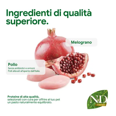Componenti: pollo senza antibiotici e ormoni, allevato all'aperto in Italia; melagrana. Proteine di alta qualità per pasti equilibrati. Logo N&D Prime.