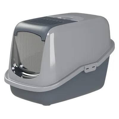 Gesloten kattenbak van grijs plastic met transparant klapdeurtje en ventilatierooster bovenop. Geen merknaam zichtbaar.