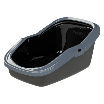 PeeWee toaleta pre mačky so sivým okrajom a čiernym vnútrom, ergonomický dizajn pre jednoduché čistenie.