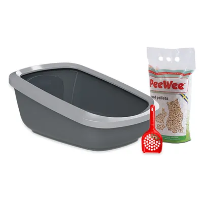 Graue Katzentoilette mit silbernem Rand, roter Streuschaufel und PeeWee Holzpellets im Beutel. Markenname PeeWee sichtbar auf Verpackung.