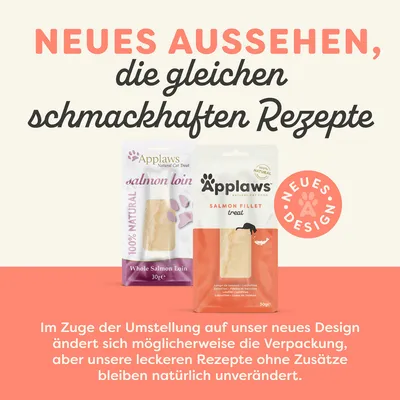 Новый дизайн для Applaws Natural Cat Treats. Те же рецепты без добавок, упаковка может отличаться. Варианты: Whole Salmon Loin 30г и Salmon Fillet Treat 30г.