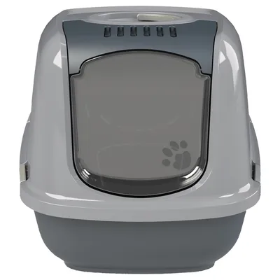 Geschlossene Katzentoilette in Grau mit transparenter Klappe und Pfotenmotiv. Oberseite mit Lüftungsschlitzen.