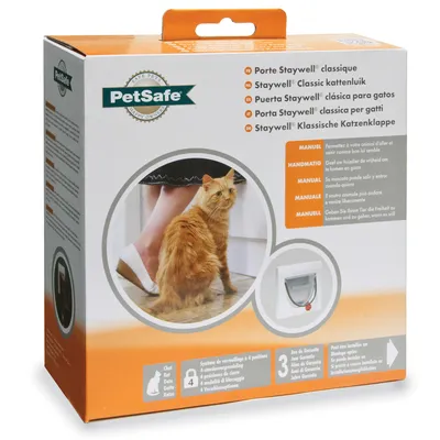 PetSafe Staywell classic cat flap, manual, 4 locking positions, 3-year guarantee. Image of a cat next to the flap. Suitable for cats up to 7 kg.