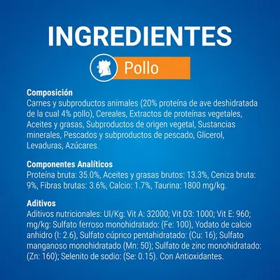 Ingredientes: Pollo. Composición: carnes y subproductos animales (20 % proteína de ave deshidratada, 4 % pollo), cereales, aceites, grasas, minerales, pescados, azúcares. Proteína bruta: 35 %.
