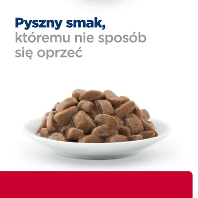 Miska z kawałkami karmy w sosie. Widoczny tekst: Pyszny smak, któremu nie sposób się oprzeć.
