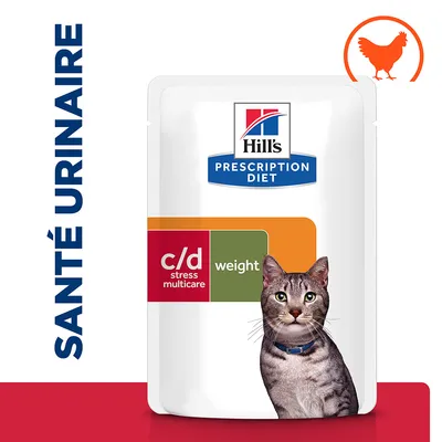 Hill's Prescription Diet c/d stress multicare weight pour chat, sachet avec image de chat, mention « SANTÉ URINAIRE » à gauche et pictogramme poulet en haut à droite.