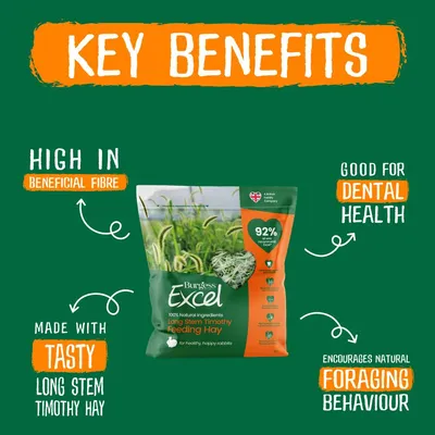 Key benefits of long stem timothy feeding hay: high in beneficial fibre, good for dental health, made with tasty long stem timothy hay, encourages natural foraging behaviour.