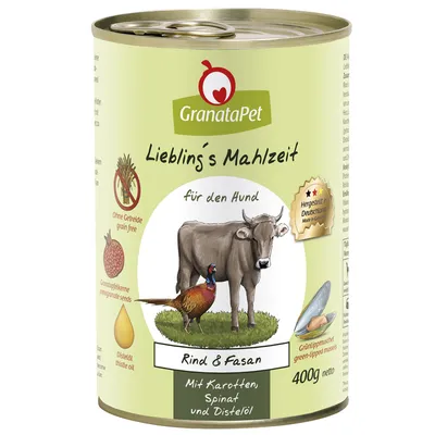 GranataPet Lieblings Mahlzeit dla psa, wołowina i bażant, bez zbóż, z marchewką, szpinakiem i olejem z ostu, wyprodukowane w Niemczech, 400g netto.