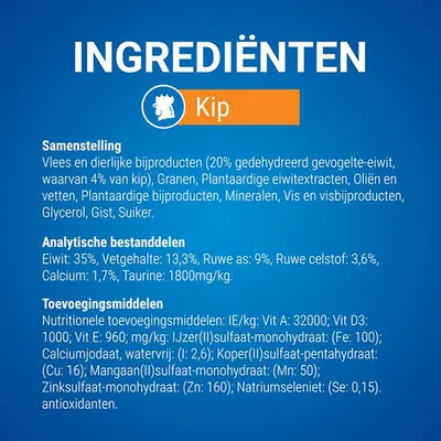 Ingrediënten kip: vlees en dierlijke bijproducten, granen, plantaardige eiwitextracten, oliën en vetten, mineralen, vis, gist, suiker. Eiwit 35%, vet 13,3%, calcium 1,7%, taurine 1800mg/kg.