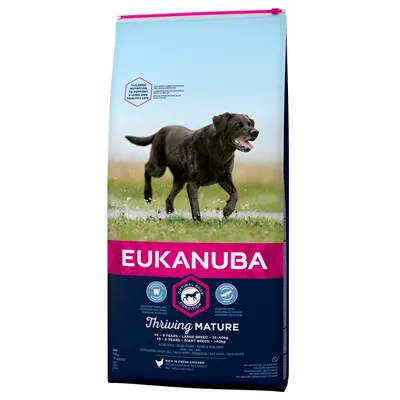 EUKANUBA Thriving Mature, koiranruokapakkaus. Teksti: Large breed 6–9 years 25–40 kg, Giant breed 5–8 years yli 40 kg, Rich in fresh chicken, Optimal body condition.