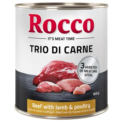 Rocco Trio di Carne, 3 varieties of meat and offal, Beef with lamb & poultry, Bœuf avec de l’agneau et de la volaille, boîte 800 g. Texte en anglais et allemand visible.