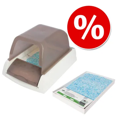 Harmaa-kattoinen kissan hiekkalaatikko ja sinistä hiekkaa sisältävä täyttöpakkaus, oikeassa yläkulmassa punainen alennusprosenttimerkki