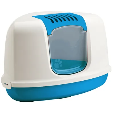 Maison de toilette pour chat en plastique blanc et bleu avec porte battante transparente et motif patte visible sur la porte.