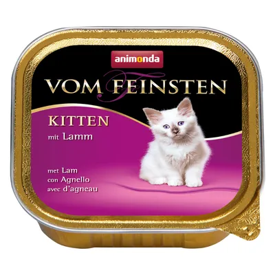 Embalagem de comida húmida para gatos bebés animonda Vom Feinsten Kitten mit Lamm. Texto visível: met Lam, con Agnello, avec d’agneau. Imagem de um gatinho branco na frente.
