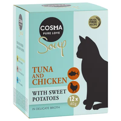 COSMA Pure Love Soup Tuna and Chicken with Sweet Potatoes, 12 x 40 g, viljaton resepti. Kissansiluetti pakkauksessa.