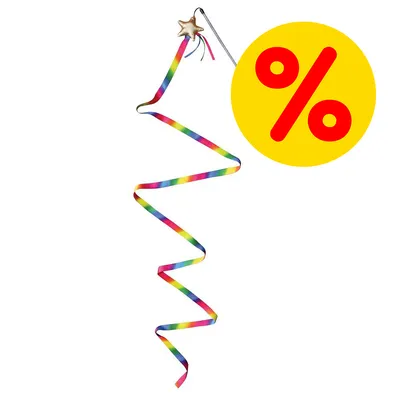 Bacchetta gioco per gatti con nastro arcobaleno e stella, cerchio giallo con simbolo percentuale rosso che indica offerta o sconto visibile sull'immagine.