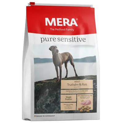 MERA pure sensitive Adult kalkkuna & riisi. Yksi proteiini, ei gluteenipitoisia ainesosia. Valmistettu Saksassa.