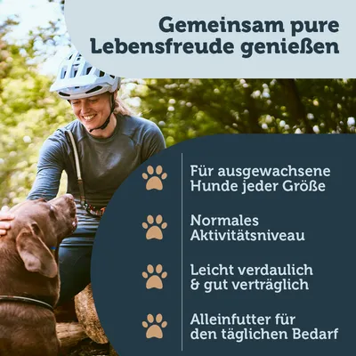 Text: Gemeinsam pure Lebensfreude geniessen. Für ausgewachsene Hunde jeder Grösse, normales Aktivitätsniveau, leicht verdaulich & gut verträglich, Alleinfutter für den täglichen Bedarf.