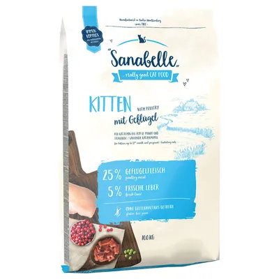 Sanabelle Kitten with poultry, 25% poultry meat, 5% fresh liver, gluten-free grains. For cats up to 12 months and pregnant/nursing cats. Pack size: 10 kg.