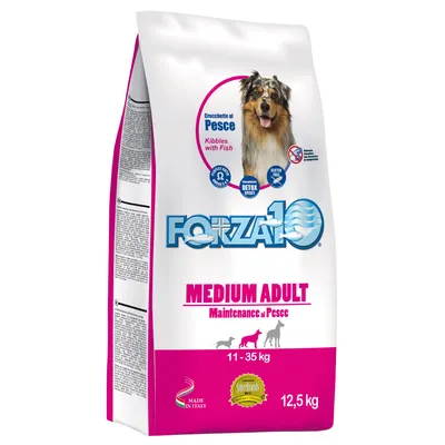 Forza10 Medium Adult Maintenance al Pesce hundefoder, 11–35 kg, Crocchette al Pesce, Kibbles with Fish, 12,5 kg, Made in Italy, billede af hund på posen