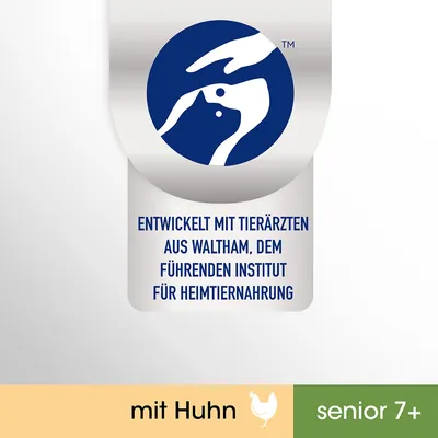 Tekst na njemačkom: Entwickelt mit Tierärzten aus Waltham, dem führenden Institut für Heimtiernahrung. mit Huhn. senior 7+