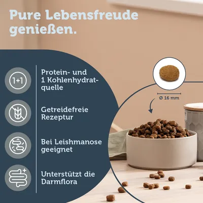 Trockenfutter mit Ø 16 mm Grösse, getreidefreie Rezeptur, Protein- und Kohlenhydratquelle, geeignet bei Leishmaniose, unterstützt die Darmflora. Slogan: Pure Lebensfreude geniessen.
