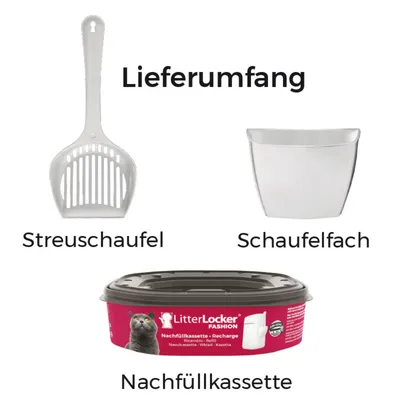 Lieferumfang: Streuschaufel, Schaufelfach und LitterLocker Fashion Nachfüllkassette. Produkt für Katzenstreu-Entsorgung.