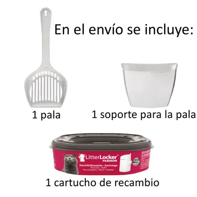 Inclui: 1 pá, 1 suporte para a pá e 1 cartucho de recarga LitterLocker Fashion. Texto em espanhol visível na imagem.