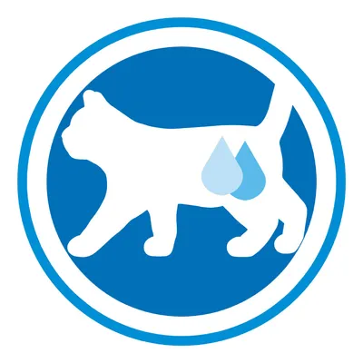 Piktogram bielej mačky na modrom pozadí s dvoma modrými kvapkami vody v oblasti brucha.