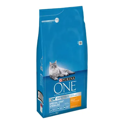 Opakowanie Purina ONE Bifensis Spécial Chat Stérilisé, widoczny kot, informacja o smaku: poulet, waga 6 kg. Tekst na opakowaniu w języku francuskim.
