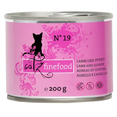 Conservă catz finefood N°19, 200 g. Text vizibil: Lamm und Pferd, Lamb and Horse, Agneau et Cheval, Agnello e Cavallo. Simboluri pentru ingrediente excluse.