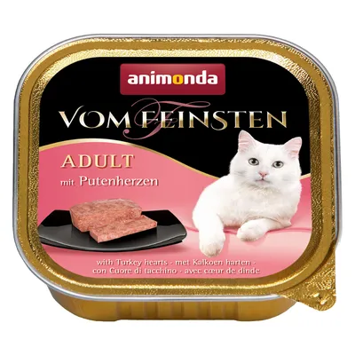 animonda Vom Feinsten ADULT mit Putenherzen, envase con imagen de gato blanco y comida húmeda en bandeja negra. Texto en varios idiomas: with Turkey hearts, met Kalkoen harten, etc.