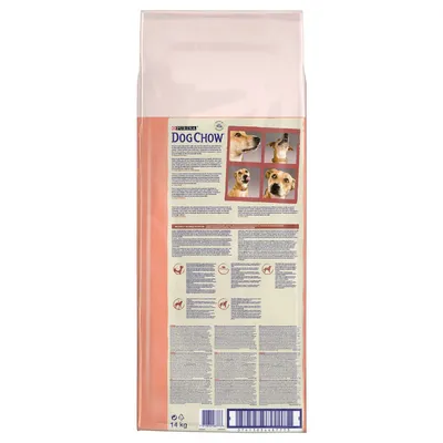 Rückseite einer Purina Dog Chow Verpackung mit Textinformationen und vier Hundebildern, Gewicht 14 kg, Recycling-Symbol und Barcode sichtbar.