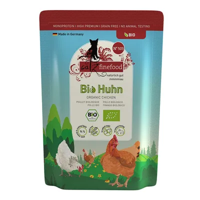 catz finefood Bio Huhn, pollo biologico, BIO, Made in Germany, 94 % carne, senza zuccheri aggiunti, senza test sugli animali, certificazioni bio visibili sulla confezione