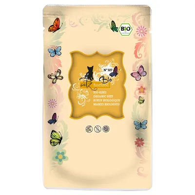 Confezione catz finefood Bio N°507 manzo biologico, testo: BIO-RIND, ORGANIC BEEF, BOEUF BIOLOGIQUE, MANZO BIOLOGICO, marchio BIO visibile in alto a destra.