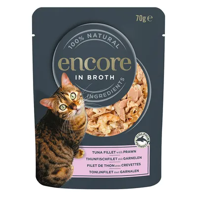 Encore Thunfischfilet mit Garnelen, 100% natürliche Zutaten, 70g. Dolphin-friendly. Verpackung zeigt Produkt und Katze.