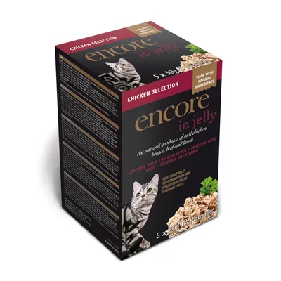 Balení Encore in jelly Chicken Selection, 5×50g kapsiček pro kočky. Text: made with natural ingredients, chicken with chicken liver, chicken with beef, chicken with lamb.