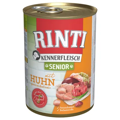 Rinti Kennerfleisch Senior natvoer, met Huhn, graanvrij. Tekst op blik: 'Fettreduziert', 'Ballaststoffe', 'Rinti seit 1988 Original'. Afbeelding van vlees en groenten zichtbaar.