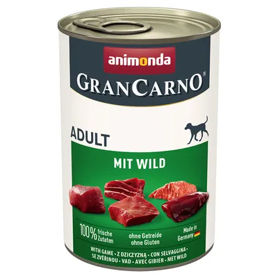 Konzerva animonda GranCarno Adult MIT WILD, 100 % frische Zutaten, ohne Getreide ohne Gluten, Made in Germany. Na etikete sú kúsky mäsa a silueta psa.