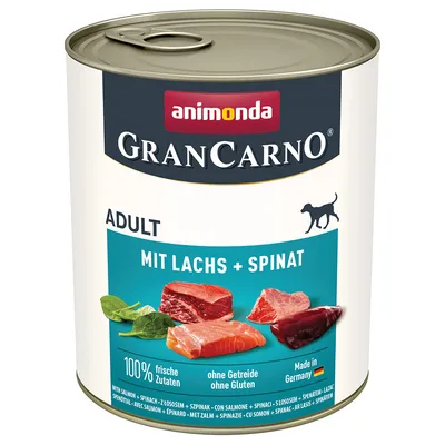 Animonda GranCarno Adult z łososiem i szpinakiem, 100% świeżych składników, bez zbóż, bez glutenu, wyprodukowano w Niemczech.