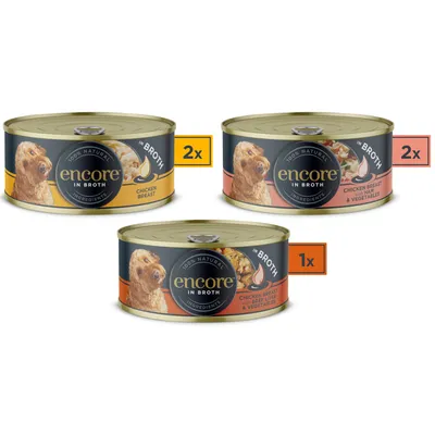 Tre dåser Encore In Broth: 2x kyllingebryst, 2x kyllingebryst med skinke og grøntsager, 1x kyllingebryst med okselever og grøntsager. 100% naturlige ingredienser.