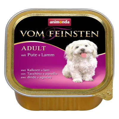 Корм для собак animonda Vom Feinsten Adult с индейкой и ягненком, изображение собаки на упаковке, текст: mit Pute + Lamm, 150 г