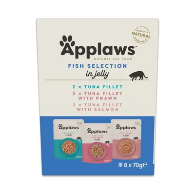 Applaws Fish Selection in Jelly: 2x Tuna Fillet, 2x Tuna Fillet with Prawn, 2x Tuna Fillet with Salmon, 6x 70g. Made with natural ingredients. Applaws Fish Selection in Jelly: 2x Tuna Fillet, 2x Tuna Fillet with Prawn, 2x Tuna Fillet with Salmon, 6x 70g. Made with natural ingredients.