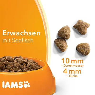 IAMS Erwachsen mit Seefisch. Корм в миске и отдельные гранулы, диаметр 10 мм, толщина 4 мм. Текст на немецком языке.