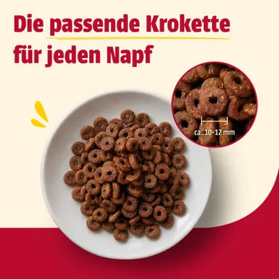 Die passende Krokette für jeden Napf. Nahaufnahme von Kroketten, Durchmesser ca. 10-12 mm. Die passende Krokette für jeden Napf. Nahaufnahme von Kroketten, Durchmesser ca. 10-12 mm.