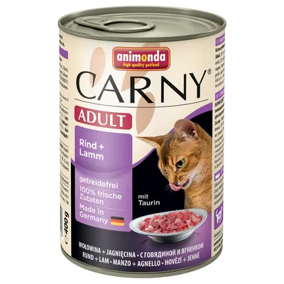 animonda CARNY ADULT Rind + Lamm, getreidefrei, 100% frische Zutaten, Made in Germany, mit Taurin, dåse 400 g. Billede af kød i skål og kat.